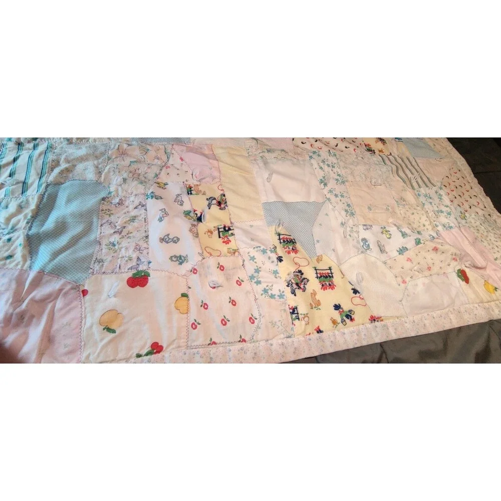 Vintage 1970s Handmade Tied Patchwork Baby Quilt Crib Blanket Nursery 55